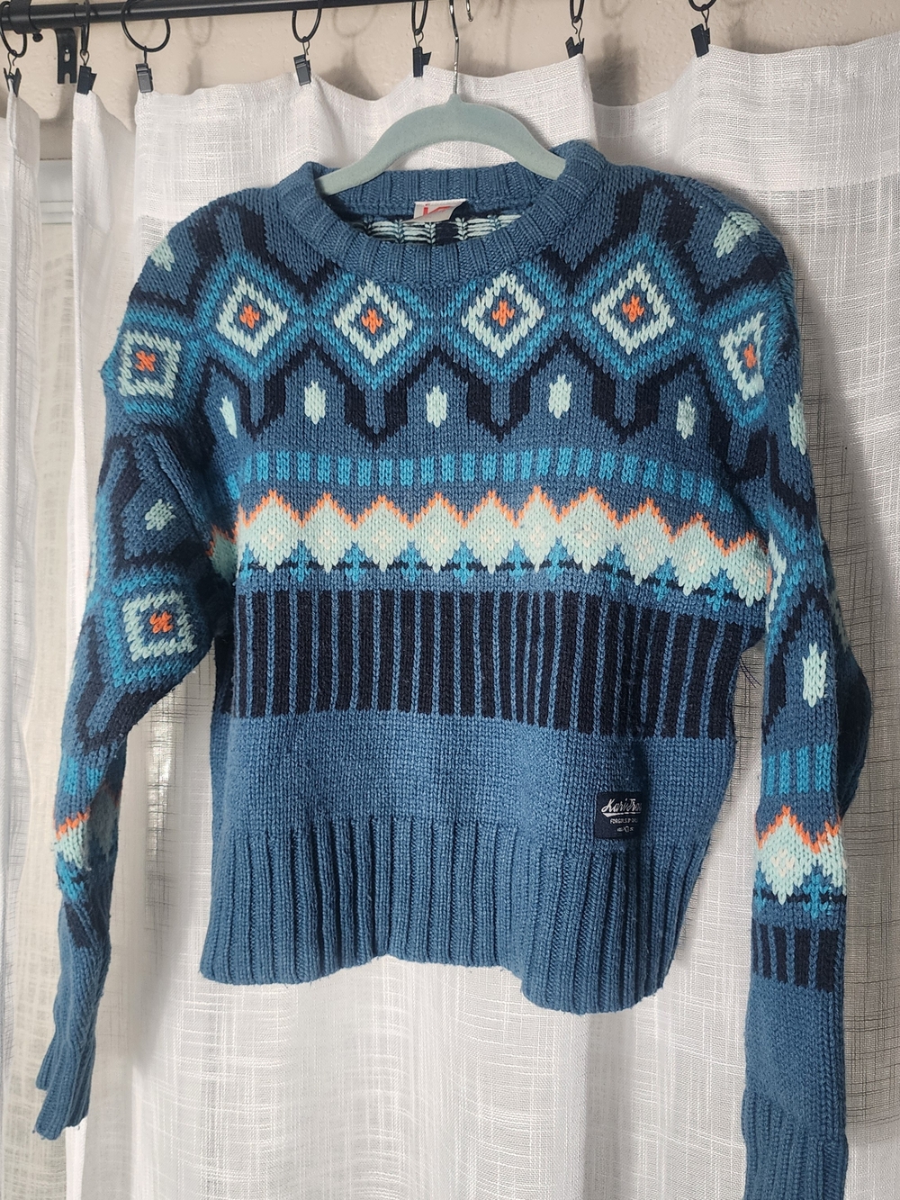 KariTraa Geometric Wool Sweater in Blue Size Small
